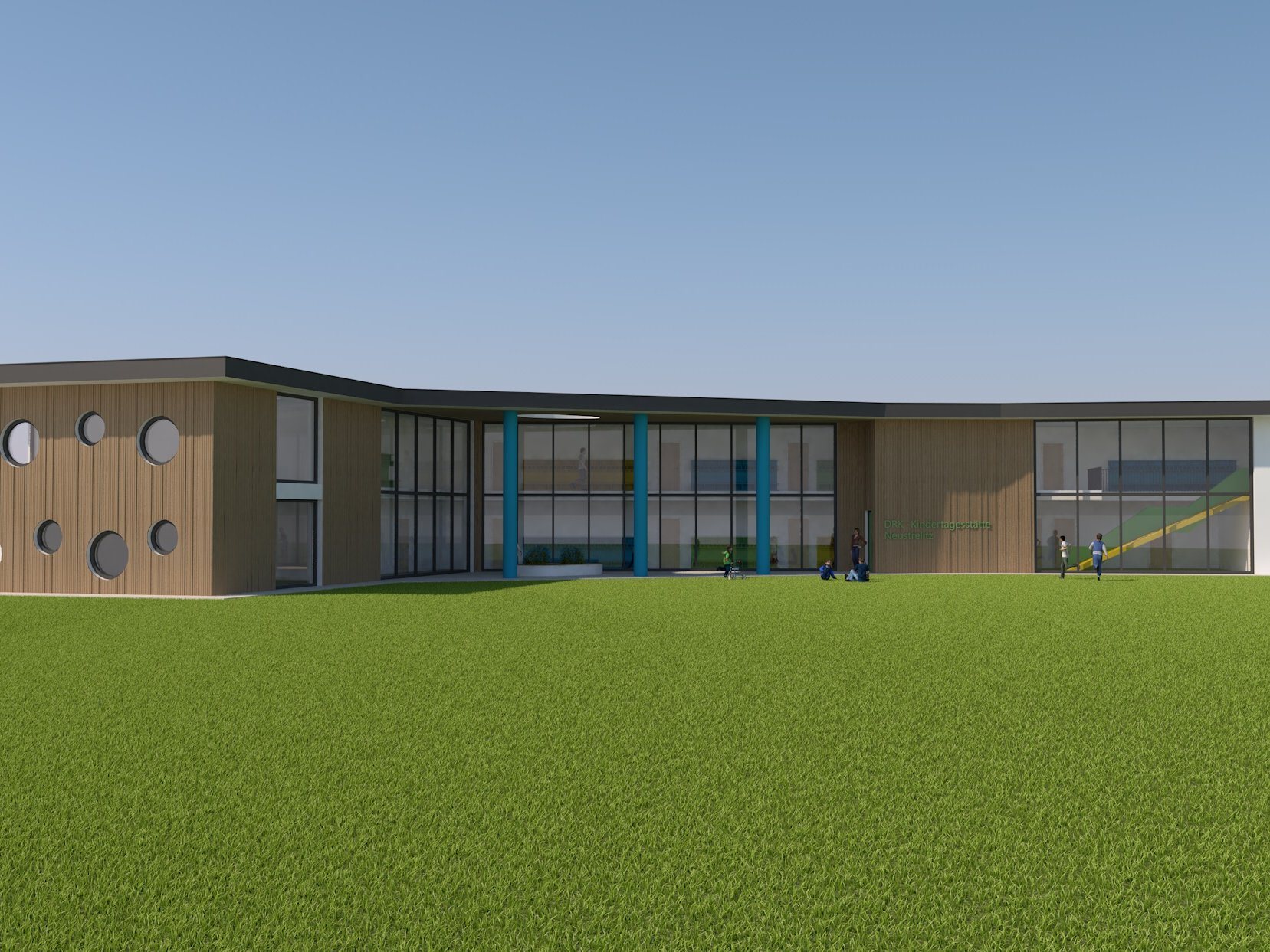 Visualisierung eines geplanten zweigeschossigen Gebäudes mit Holzfassade auf einem freien Baufeld